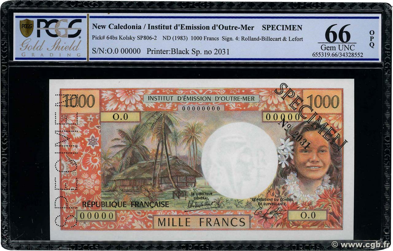 1000 Francs Spécimen NOUVELLE CALÉDONIE Nouméa 1971 P.64bs NEUF