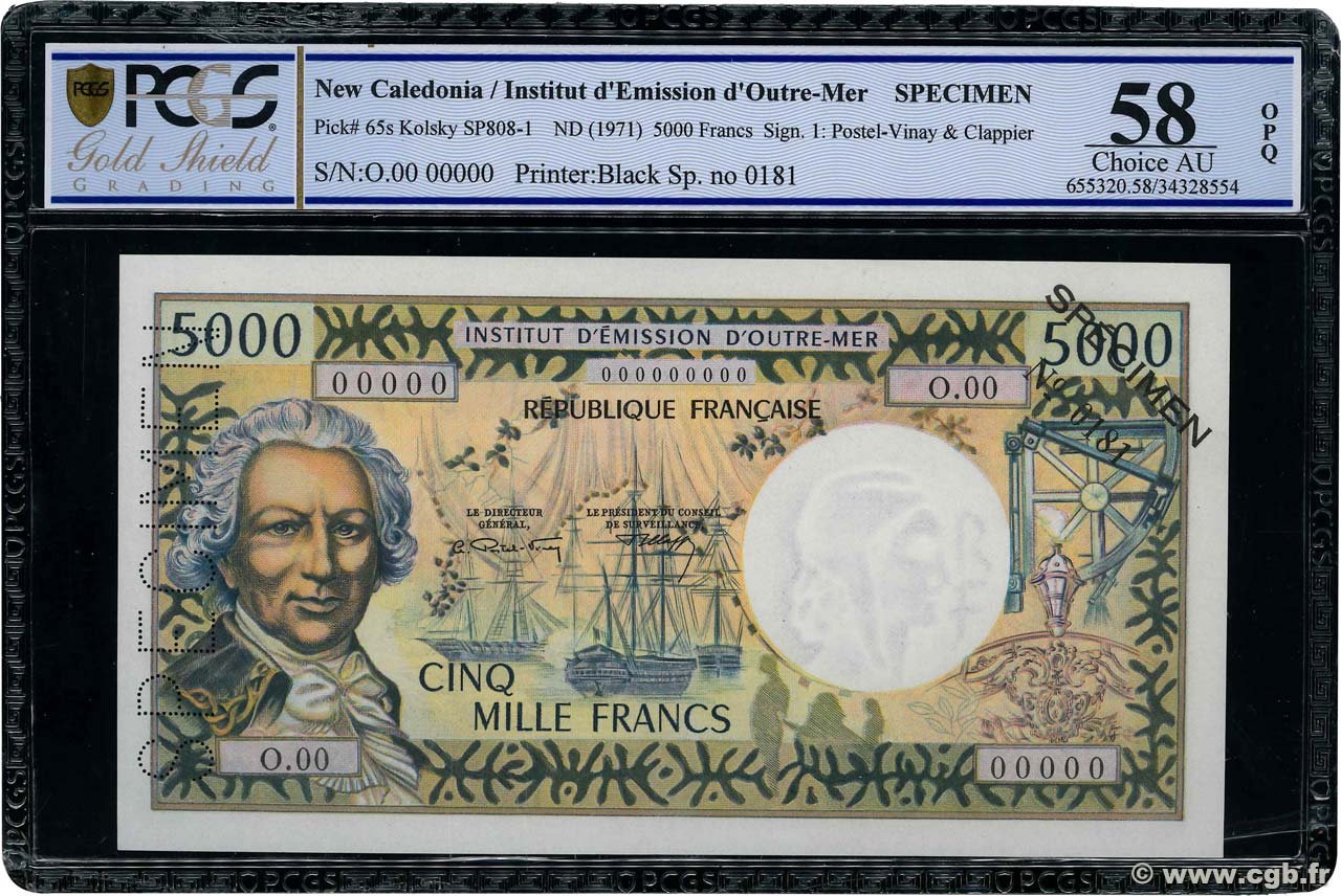 5000 Francs Spécimen NOUVELLE CALÉDONIE Nouméa 1971 P.65as AU