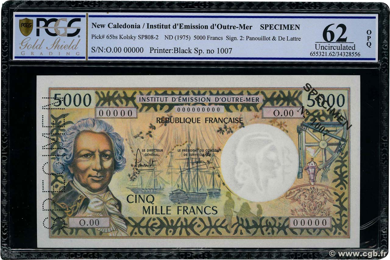 5000 Francs Spécimen NEW CALEDONIA Nouméa 1975 P.65bs UNC-