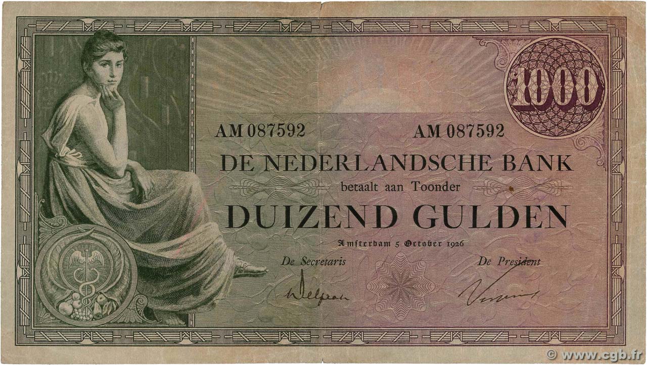 1000 Gulden PAíSES BAJOS  1926 P.048 BC+