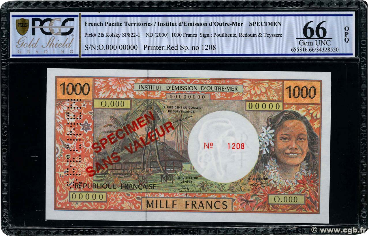 1000 Francs Spécimen POLYNESIA, FRENCH OVERSEAS TERRITORIES  2000 P.02fs UNC