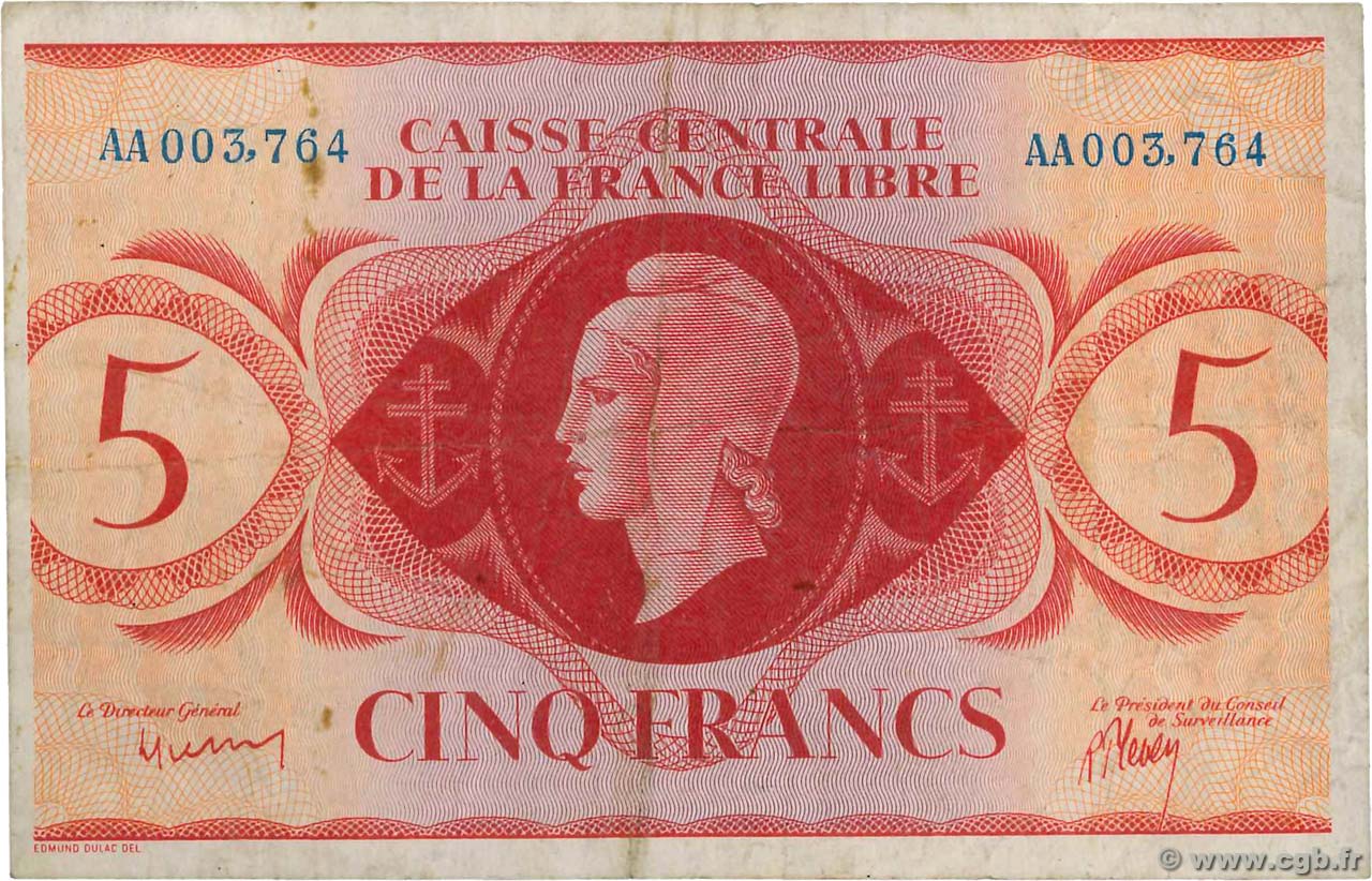 5 Francs Petit numéro SAN PEDRO Y MIGUELóN  1943 P.10 BC+