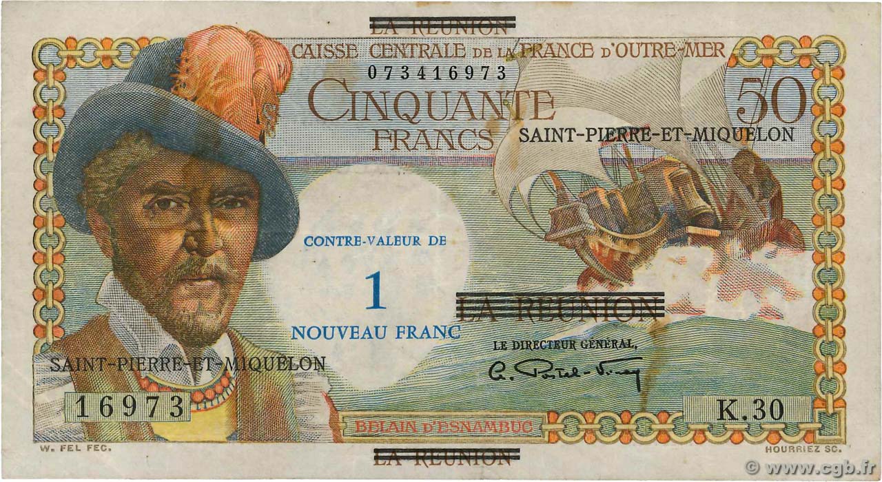 1 NF sur 50 Francs Belain d Esnambuc SAINT PIERRE ET MIQUELON  1960 P.30b TTB