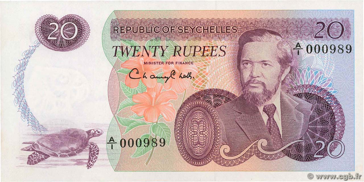 20 Rupees Petit numéro SEYCHELLES  1977 P.20a q.FDC