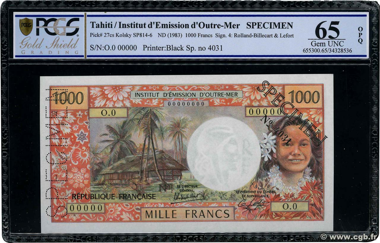 1000 Francs Spécimen TAHITI Papeete 1983 P.27cs FDC