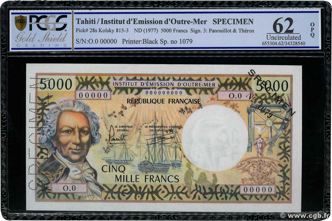 5000 Francs Spécimen TAHITI  1977 P.28bs var fST+