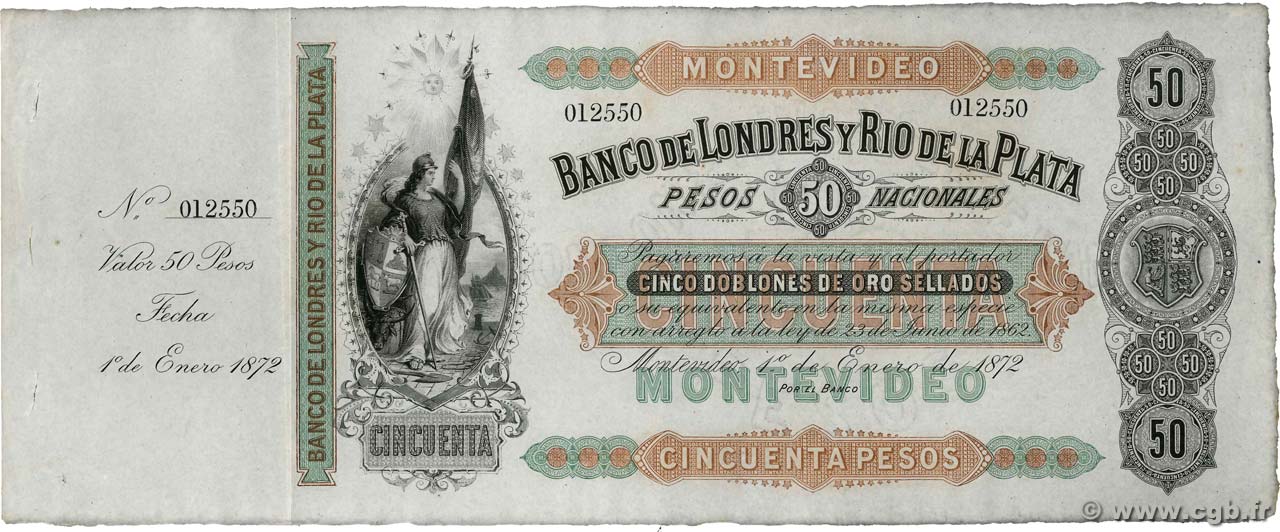 50 Pesos Non émis URUGUAY  1872 PS.238r q.AU