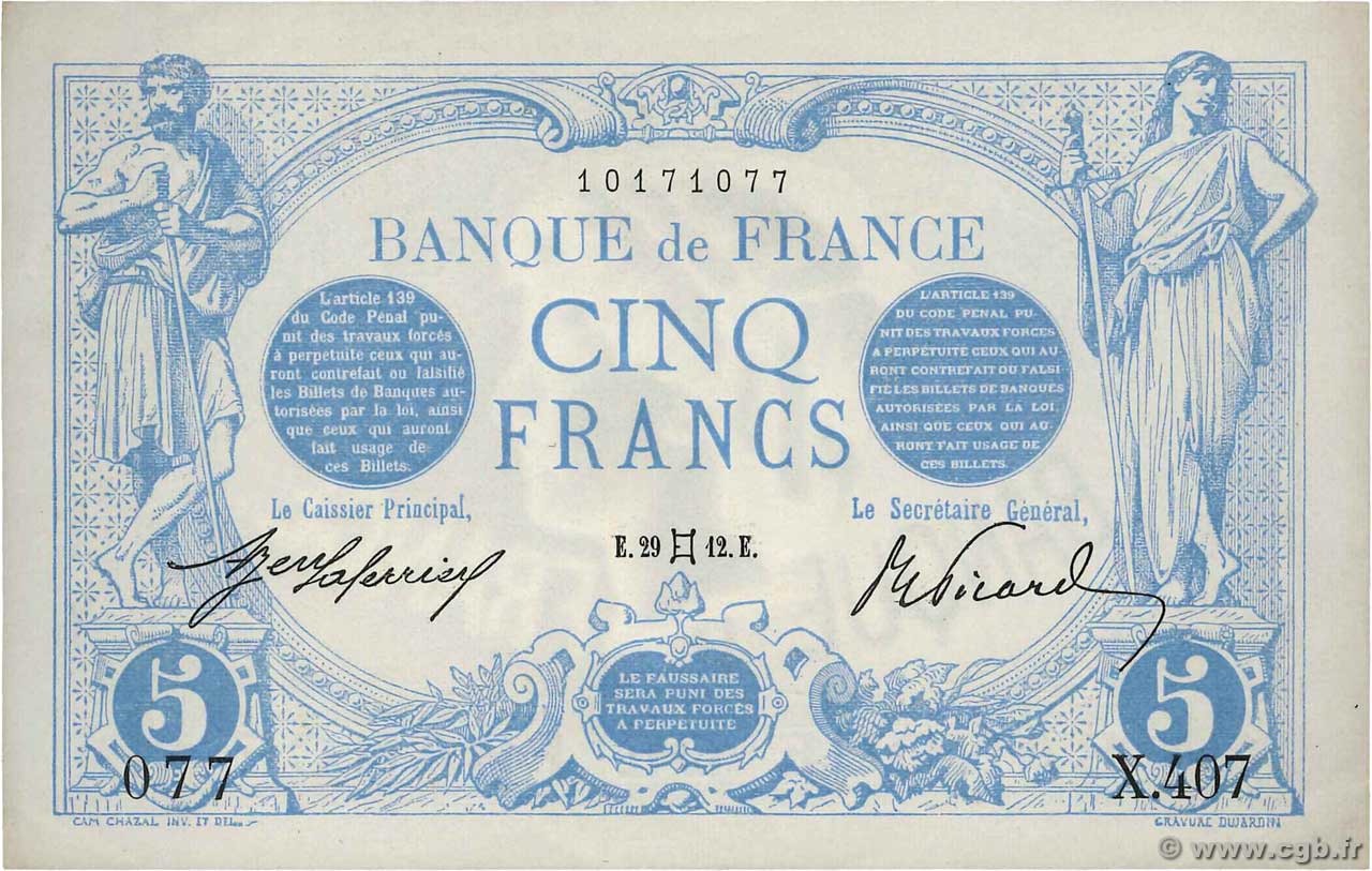 5 Francs BLEU FRANCIA  1912 F.02.05 SPL+