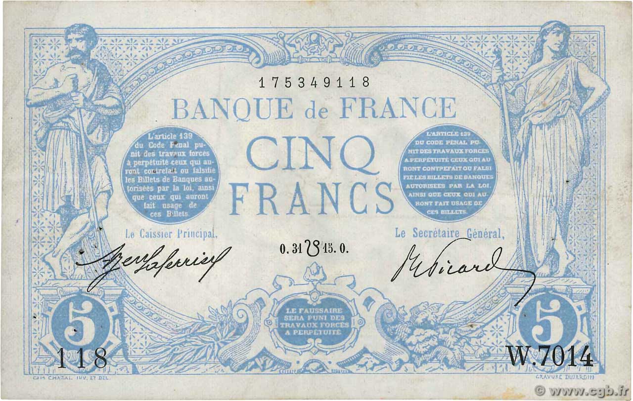 5 Francs BLEU lion inversé FRANCIA  1915 F.02bis.03 MBC