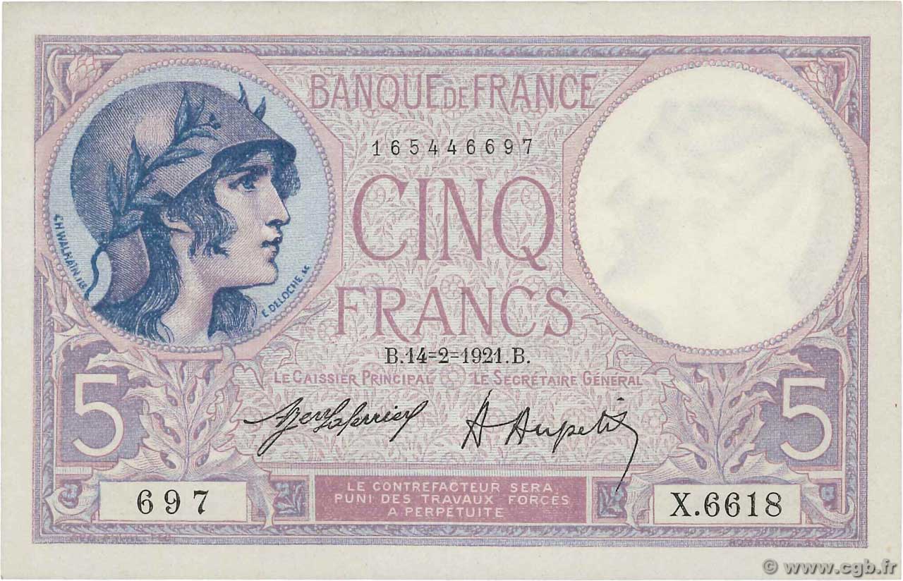 5 Francs FEMME CASQUÉE FRANCE  1921 F.03.05 pr.NEUF