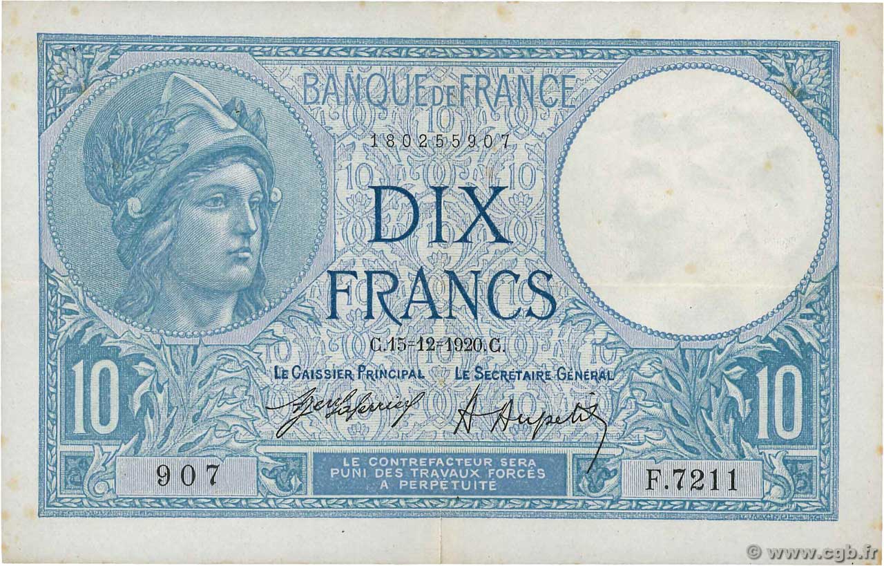 10 Francs MINERVE FRANKREICH  1920 F.06.04 SS