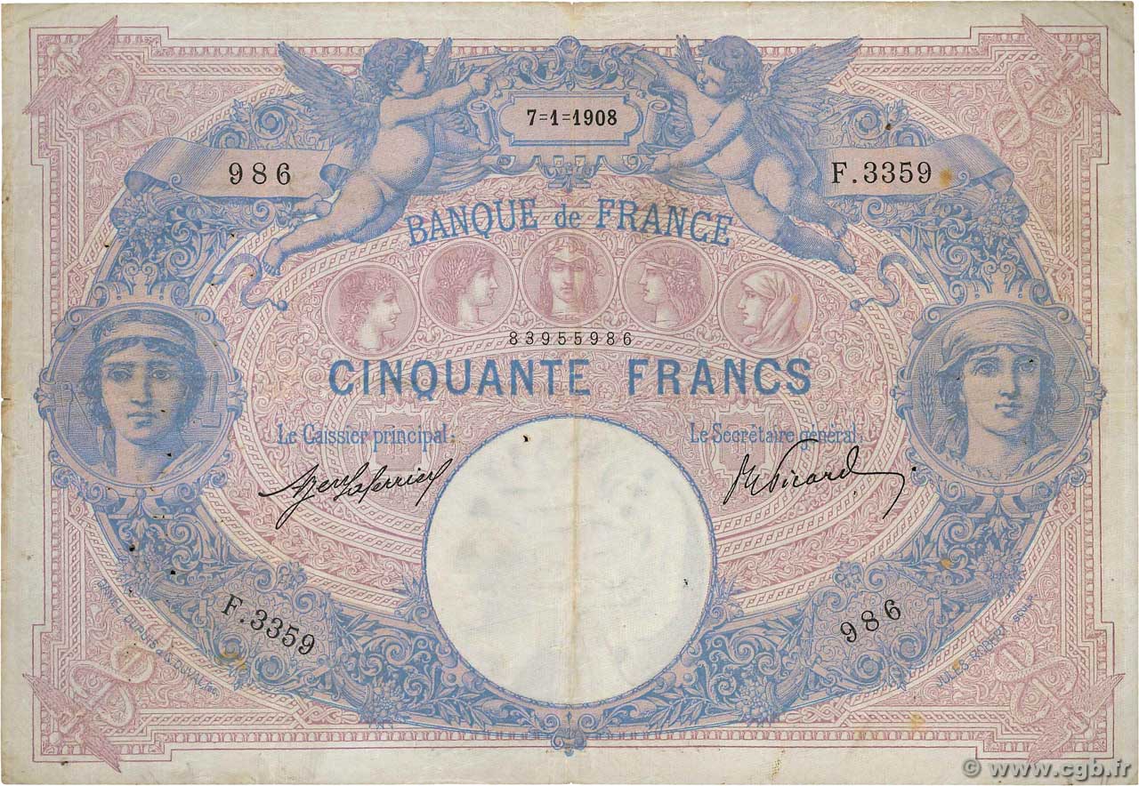 50 Francs BLEU ET ROSE FRANCE  1908 F.14.21 TB