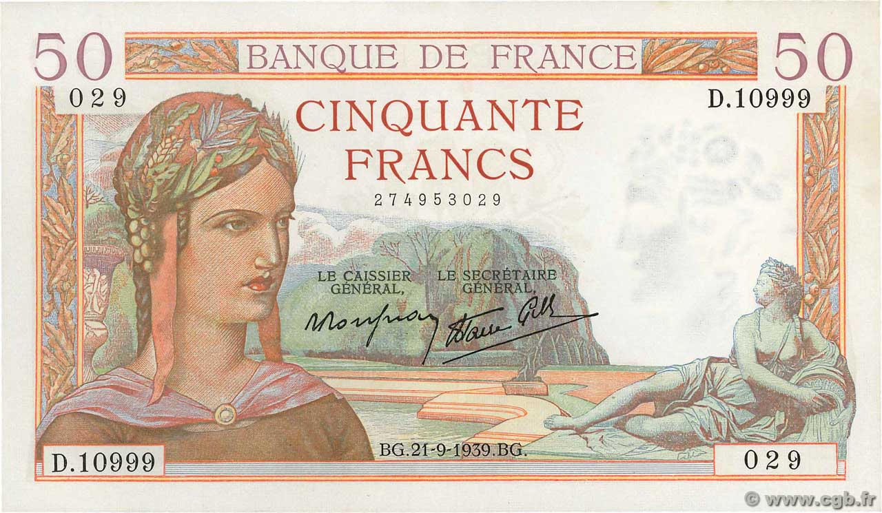 50 Francs CÉRÈS modifié FRANCE  1939 F.18.31 SPL+