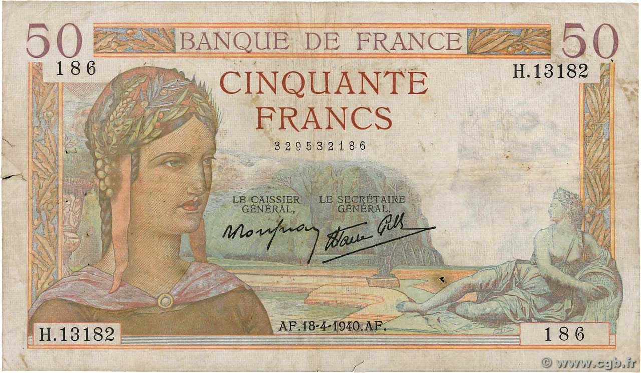 50 Francs CÉRÈS modifié Grand numéro FRANCIA  1940 F.18.43 BC