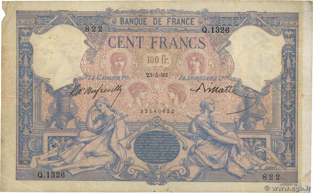 100 Francs BLEU ET ROSE FRANCE  1893 F.21.06 VG