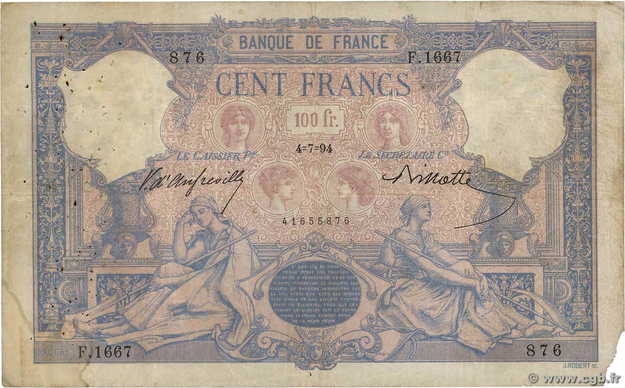 100 Francs BLEU ET ROSE FRANKREICH  1894 F.21.07 SGE