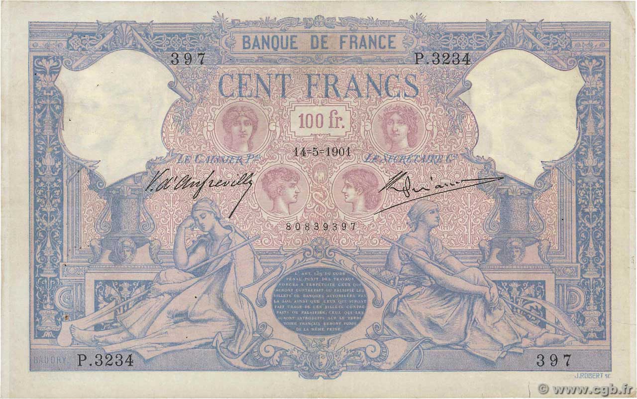 100 Francs BLEU ET ROSE FRANCE  1901 F.21.15 TB+