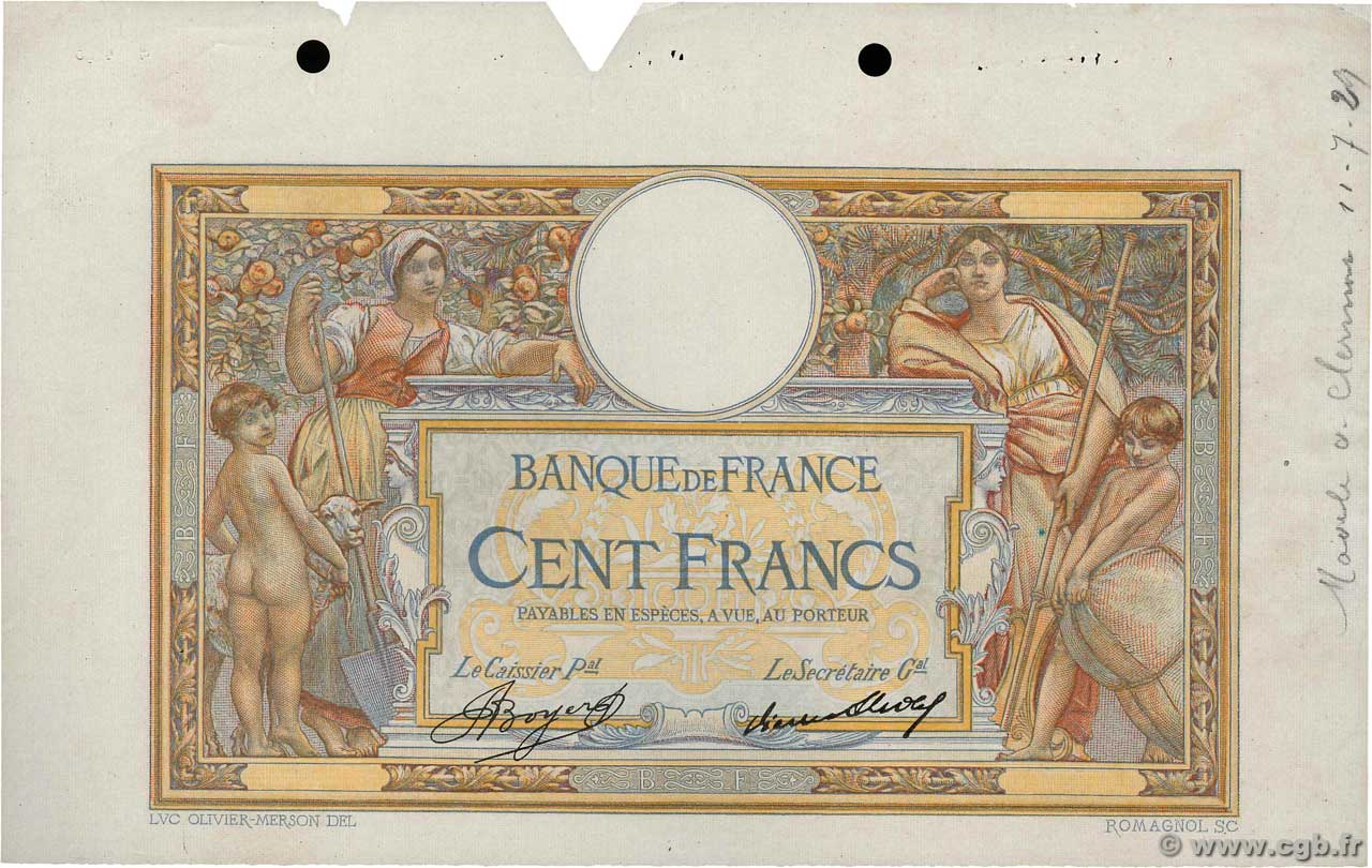 100 Francs LUC OLIVIER MERSON grands cartouches Épreuve FRANCIA  1933 F.24.12Ed EBC+