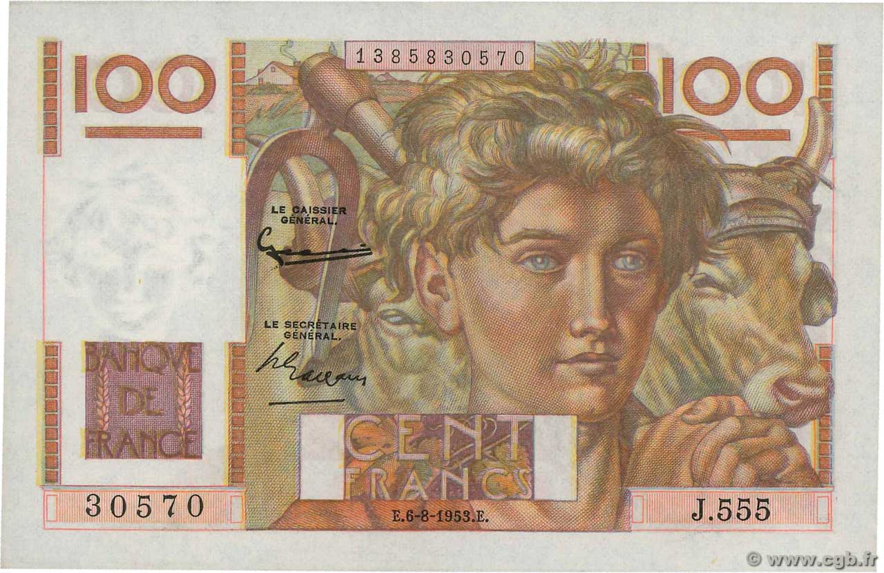 100 Francs JEUNE PAYSAN filigrane inversé FRANCE  1952 F.28bis.02 SPL