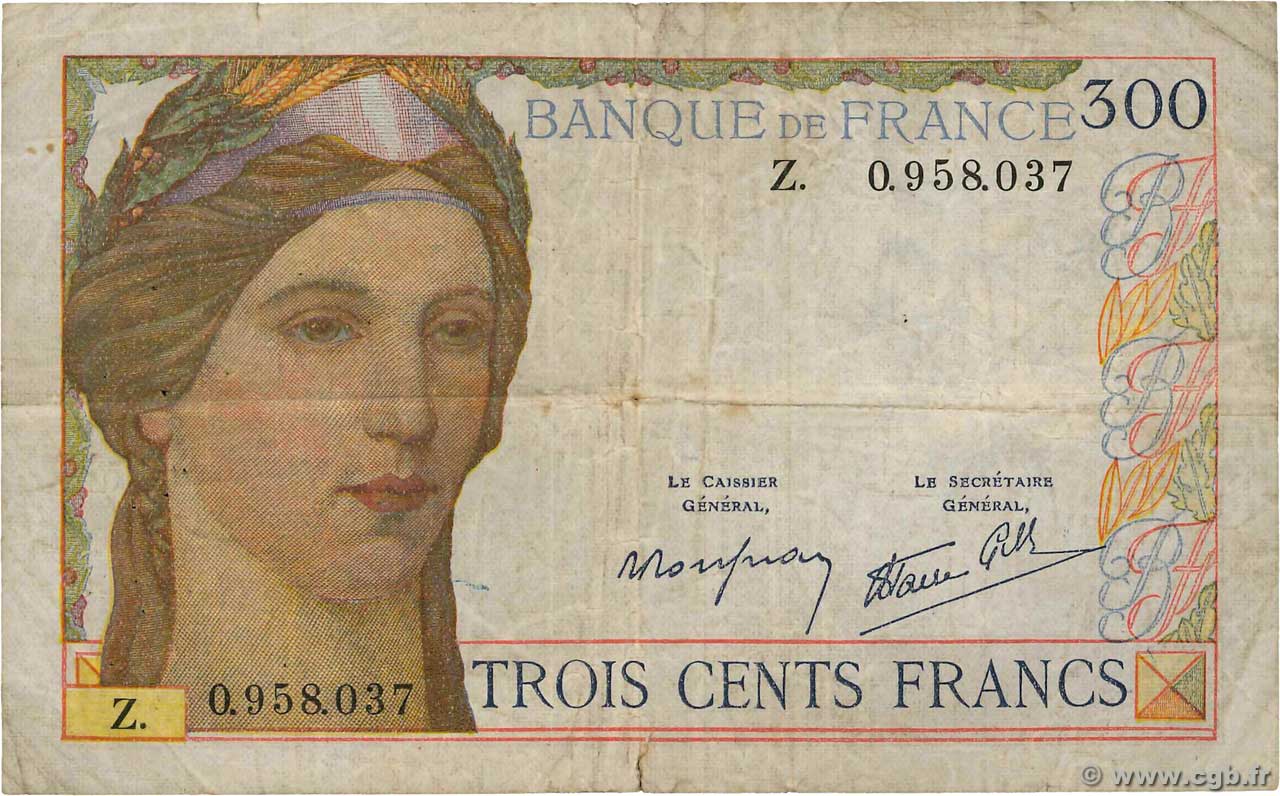 300 Francs Grand numéro FRANCE  1939 F.29.03 pr.TB
