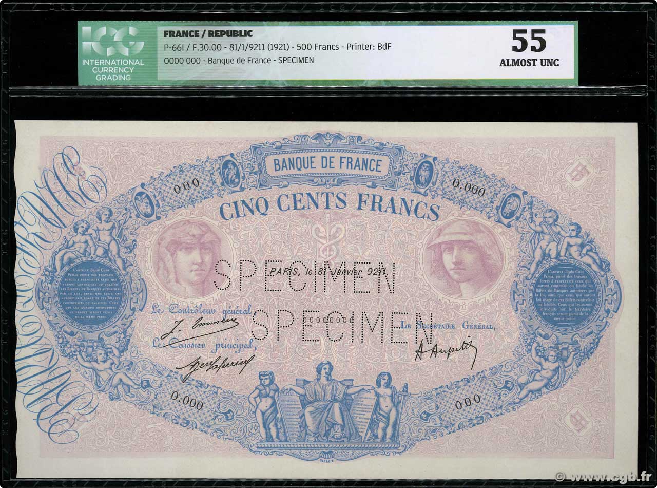 500 Francs BLEU ET ROSE Spécimen FRANKREICH  1921 F.30.25Sp VZ+
