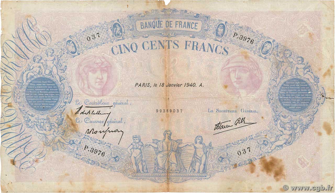 500 Francs BLEU ET ROSE modifié FRANCE  1940 F.31.57 B+