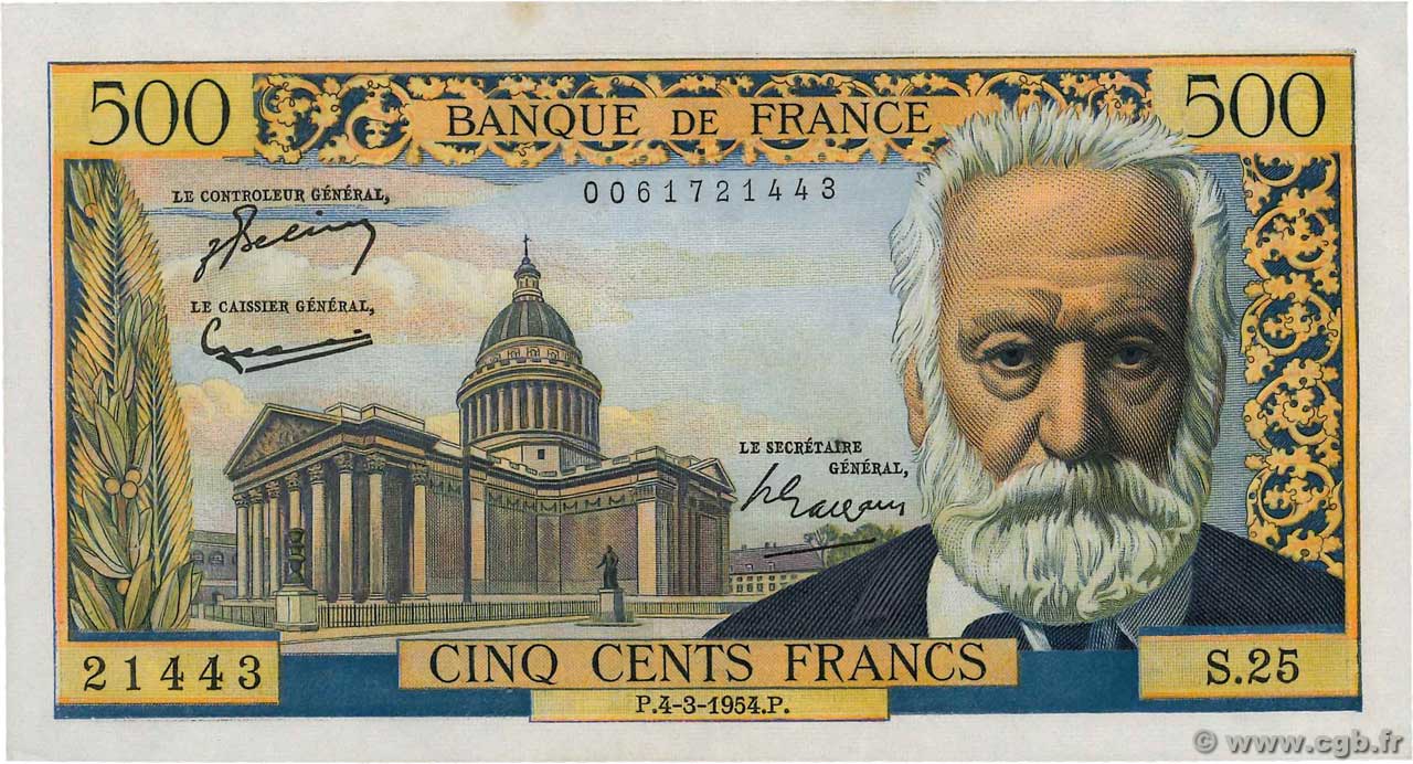 500 Francs VICTOR HUGO FRANCE  1954 F.35.02 pr.SPL