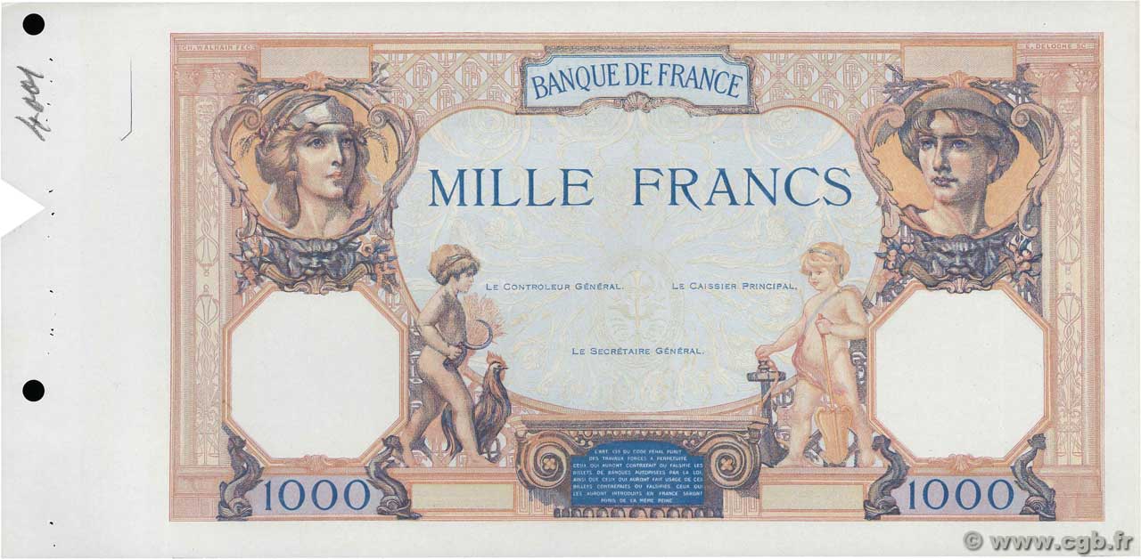 1000 Francs CÉRÈS ET MERCURE Épreuve FRANKREICH  1927 F.37.00Ec fST