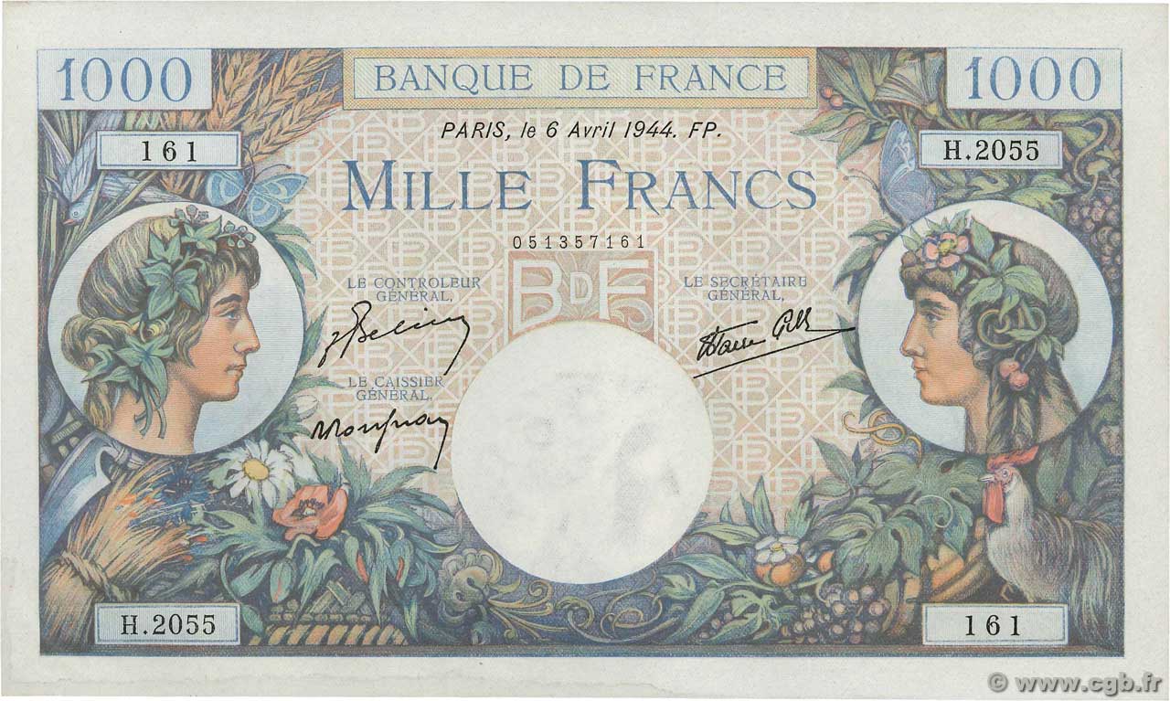 1000 Francs COMMERCE ET INDUSTRIE FRANCIA  1944 F.39.05 q.FDC
