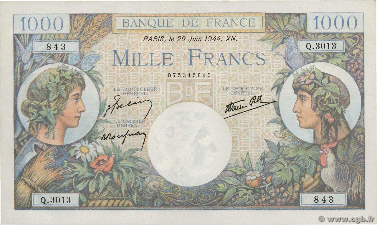 1000 Francs COMMERCE ET INDUSTRIE FRANCIA  1944 F.39.09 SPL+