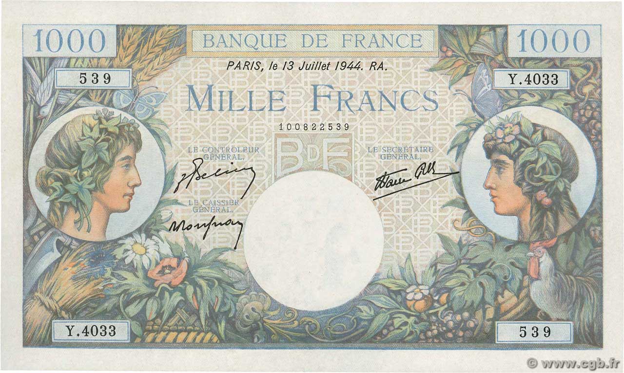 1000 Francs COMMERCE ET INDUSTRIE FRANCIA  1944 F.39.11 q.FDC