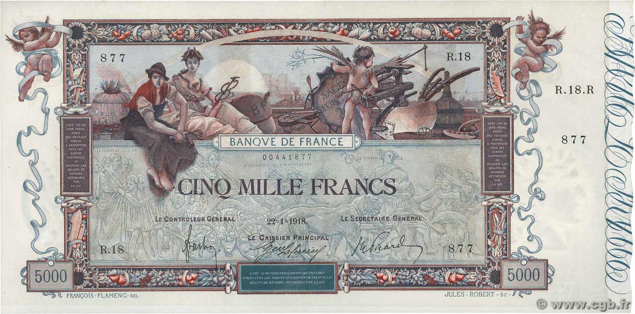5000 Francs FLAMENG FRANCE  1918 F.43.01 SUP