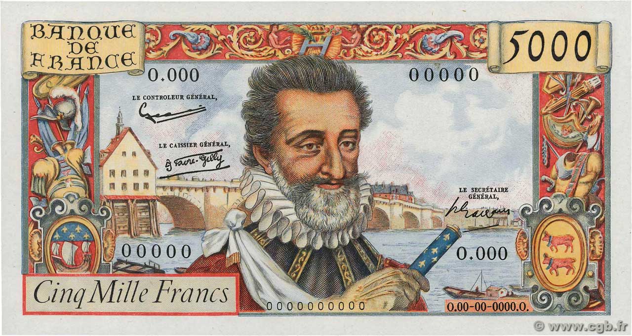 5000 Francs HENRI IV Épreuve FRANCE  1957 F.49.00Ec UNC