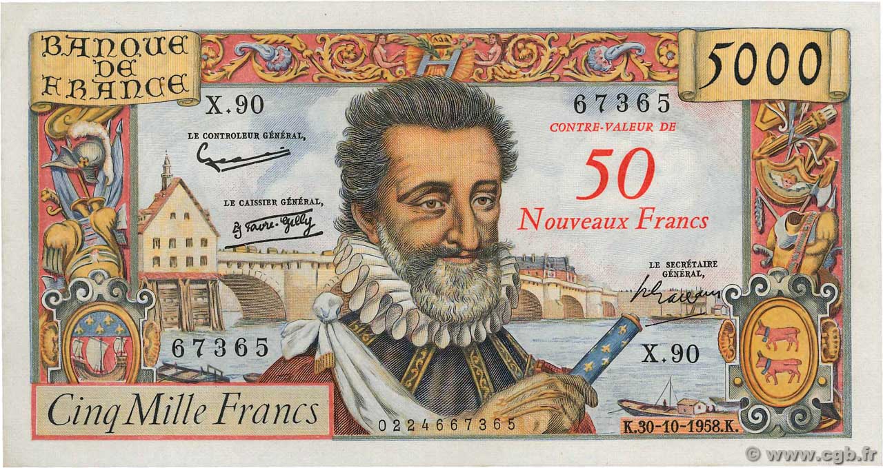 50 NF sur 5000 Francs HENRI IV FRANCE  1958 F.54.01 pr.SPL