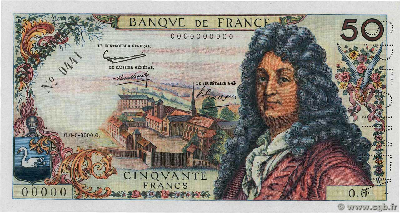 50 Francs RACINE Spécimen FRANCE  1962 F.64.01Spn NEUF