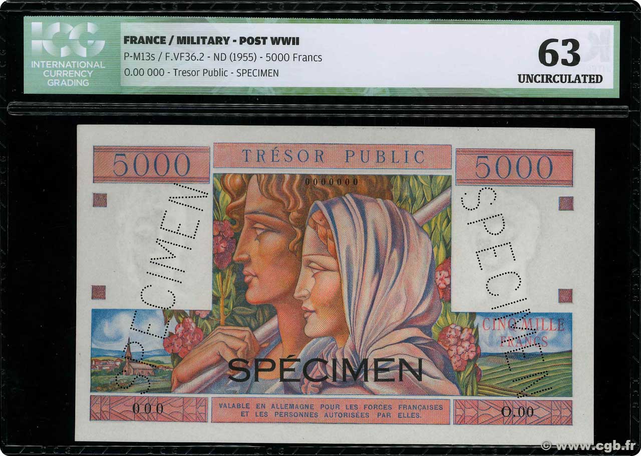 5000 Francs TRÉSOR PUBLIC Spécimen FRANCE  1955 VF.36.00Sp UNC-