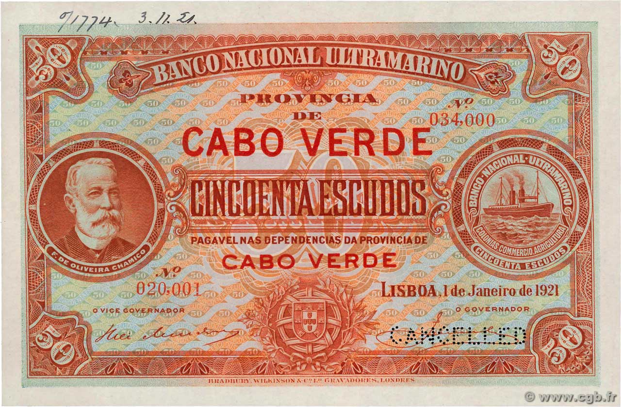 50 Escudos Annulé CABO VERDE  1921 P.37s SC+