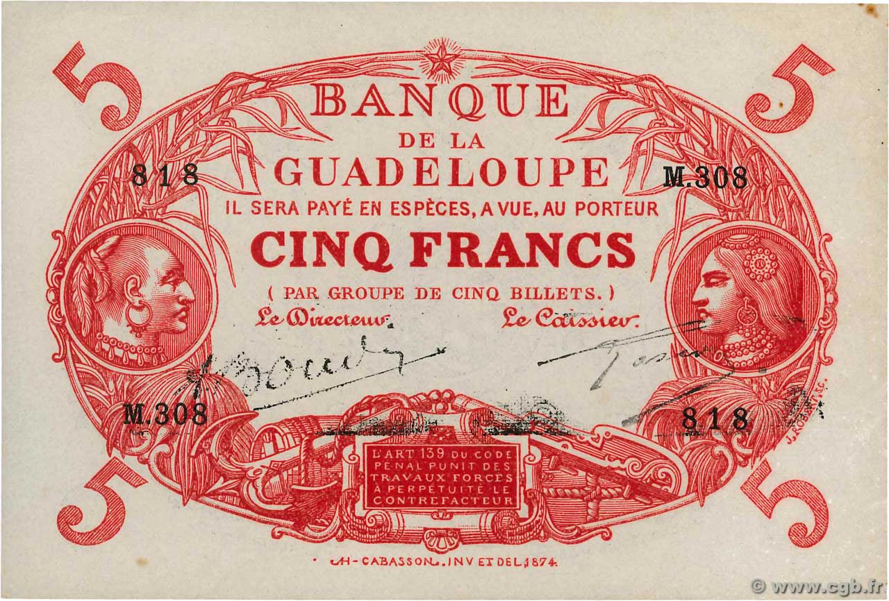 5 Francs Cabasson rouge GUADELOUPE  1945 P.07e q.FDC