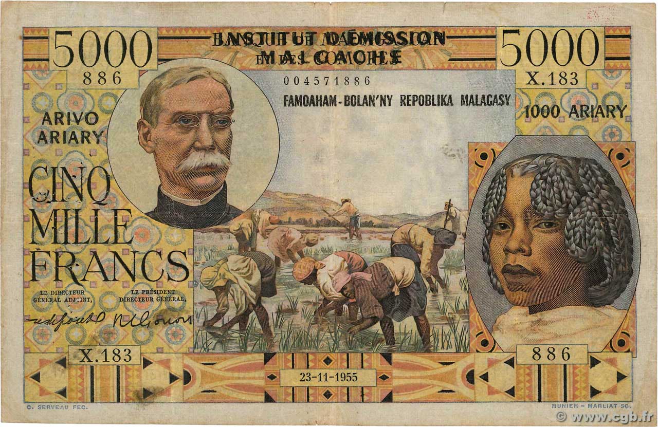 5000 Francs - 1000 Ariary MADAGASCAR  1955 P.055 pr.TB