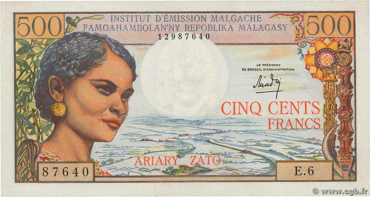 500 Francs - 100 Ariary MADAGASCAR  1964 P.058a SUP+