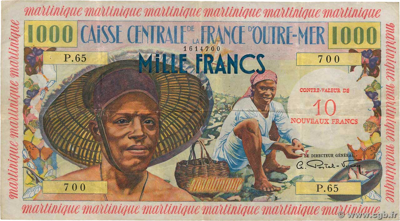 10 NF sur 1000 Francs pêcheur MARTINIQUE  1960 P.39 pr.TTB