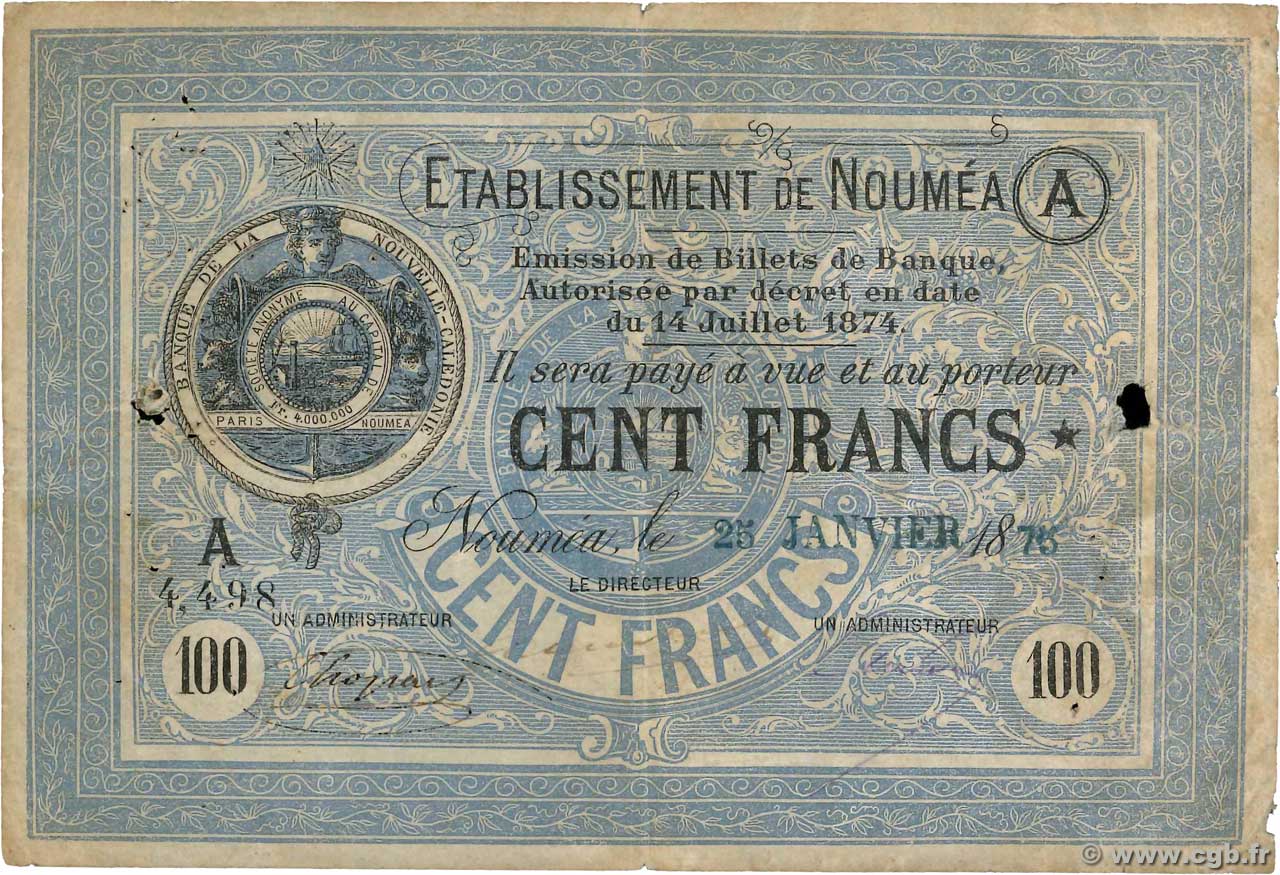 100 Francs NOUVELLE CALÉDONIE Nouméa 1875 P.08 fS