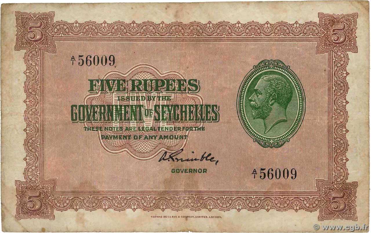 5 Rupees SEYCHELLES  1936 P.03c TB