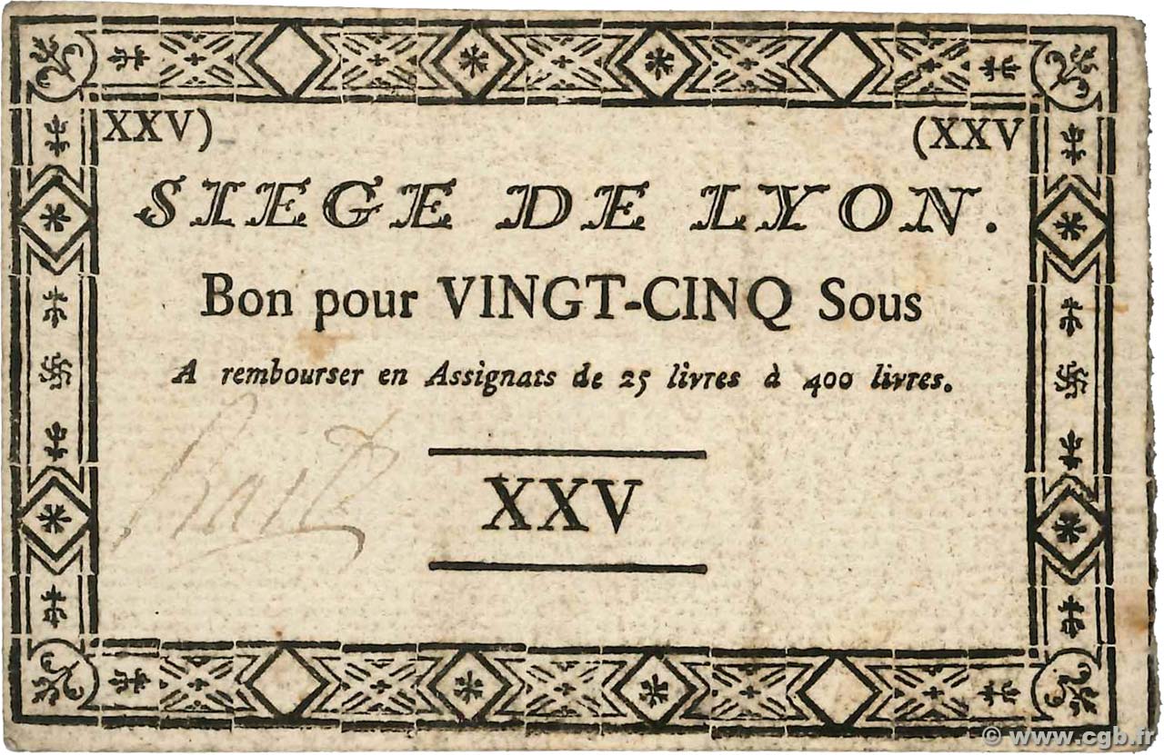 25 Sous FRANCE regionalism and miscellaneous Lyon 1793 Kol.136 XF