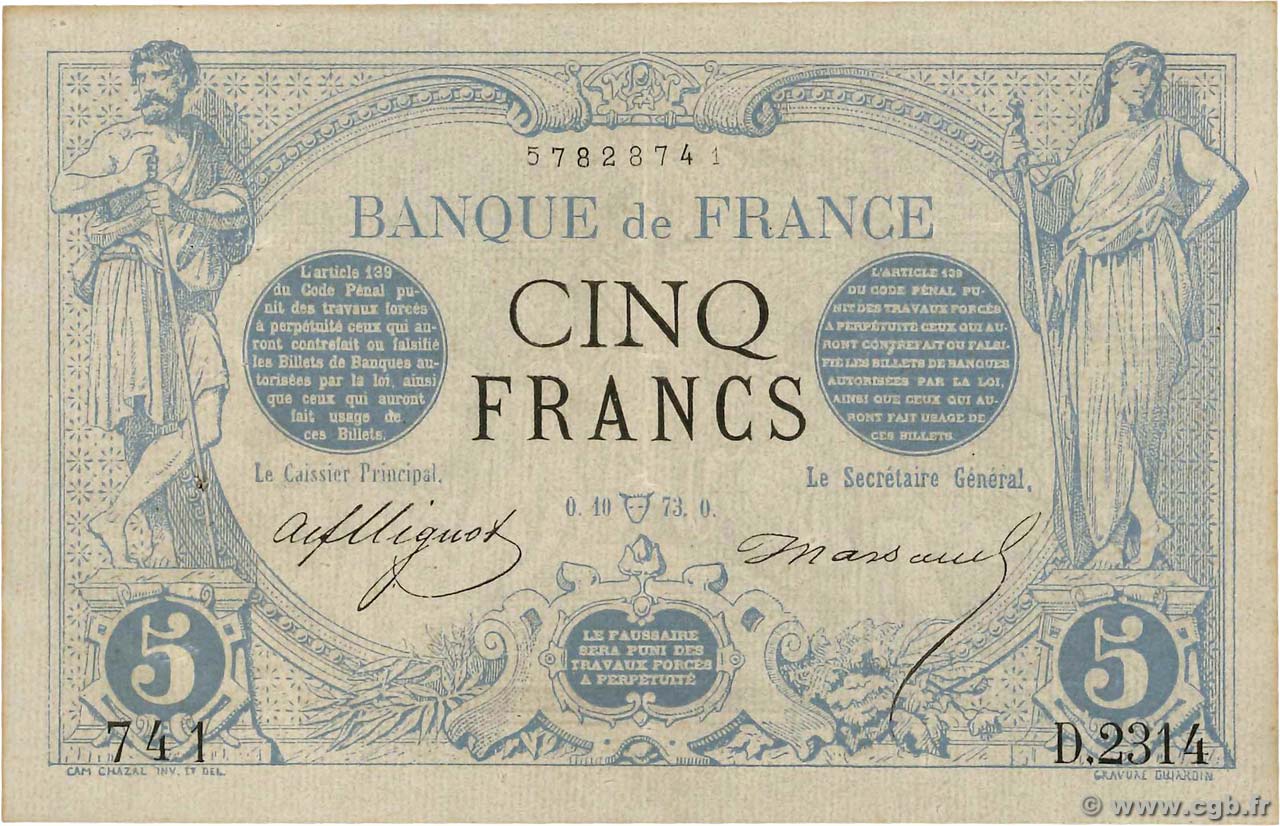 5 Francs NOIR FRANKREICH  1873 F.01.17 fVZ