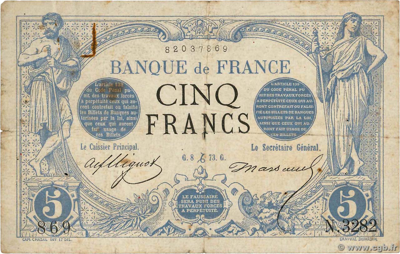 5 Francs NOIR FRANCE  1873 F.01.24 TB