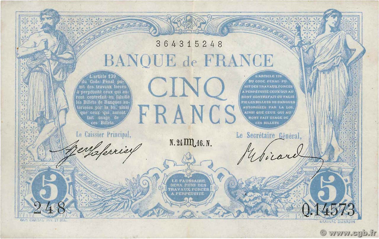 5 Francs BLEU FRANCIA  1916 F.02.44 MBC+