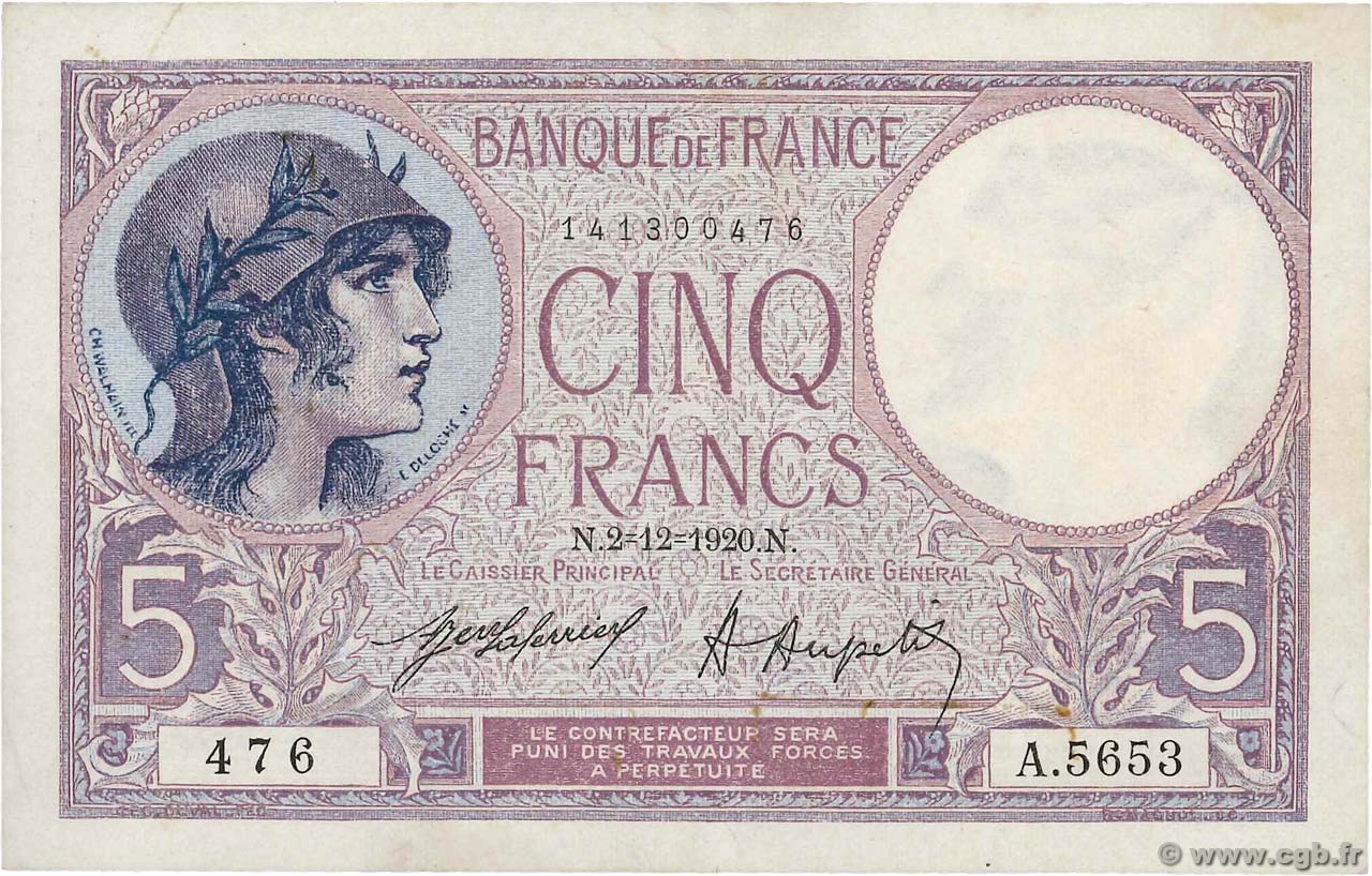 5 Francs FEMME CASQUÉE FRANCE  1920 F.03.04 XF-