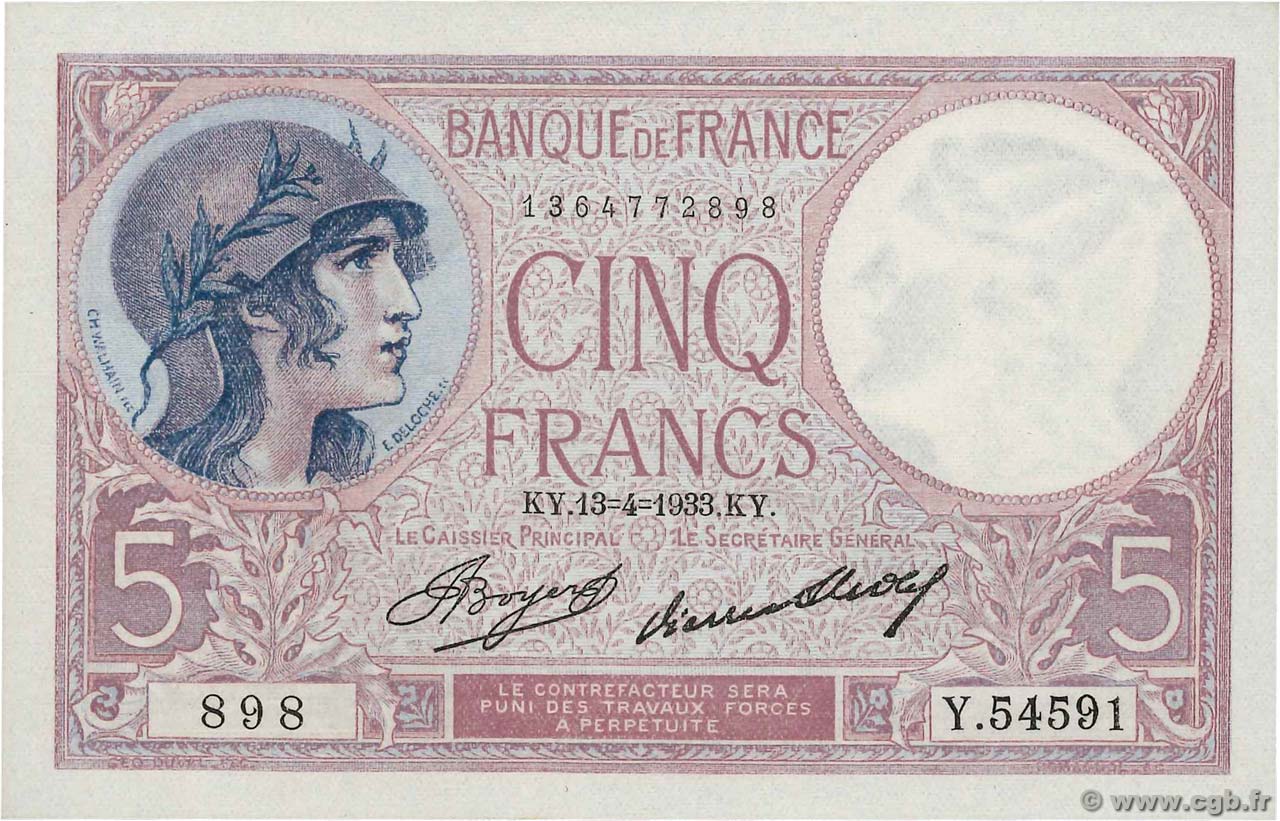 5 Francs FEMME CASQUÉE FRANCIA  1933 F.03.17 q.AU