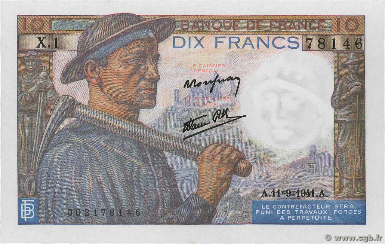 10 Francs MINEUR FRANCIA  1941 F.08.01
 FDC